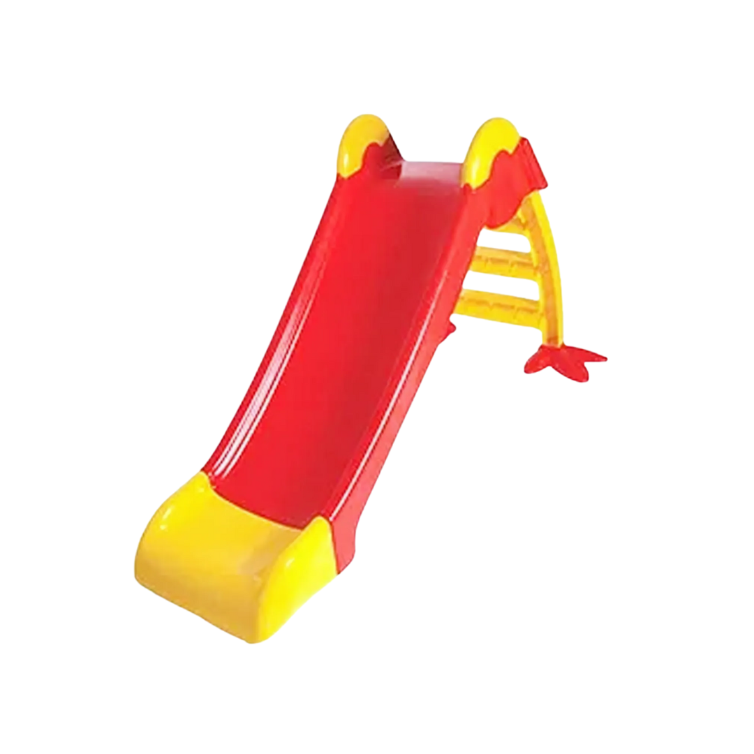 Red and yellow children's slide on a white background
