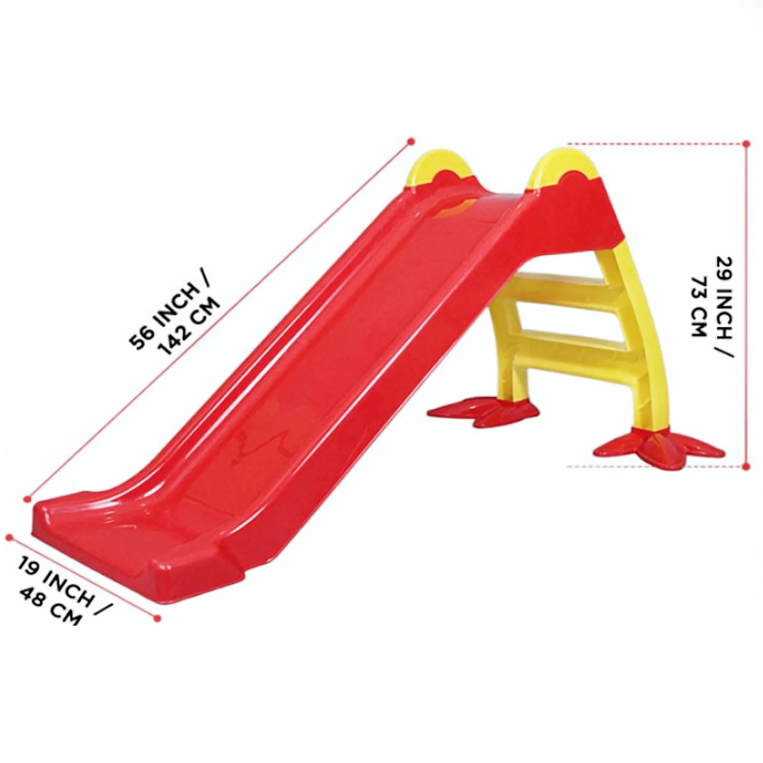 Red and yellow playground slide with dimensions indicated on a white background